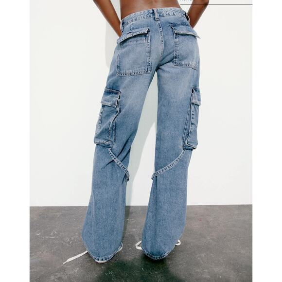 Zara Mid-Rise Cargo Blue Straight Leg Jeans Women's sz 2 - Picture 3 of 16